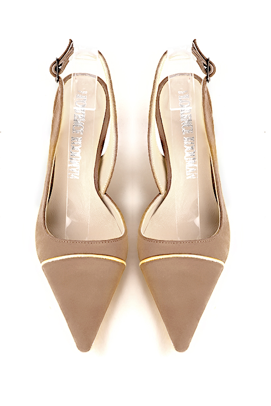 Tan beige and gold women's slingback shoes. Pointed toe. Medium spool heels. Top view - Florence KOOIJMAN